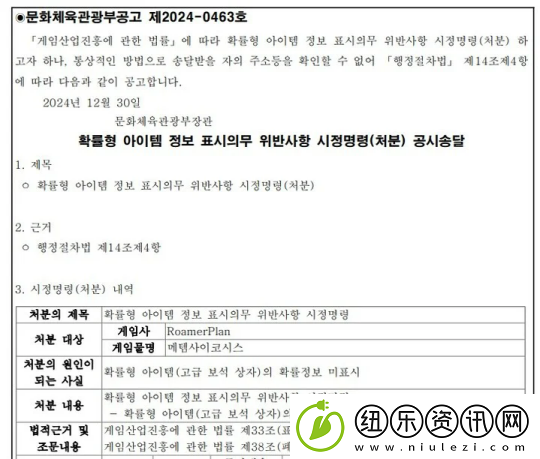 韩国文体部对一款中国游戏发出整改指令：未公开道具概率信息